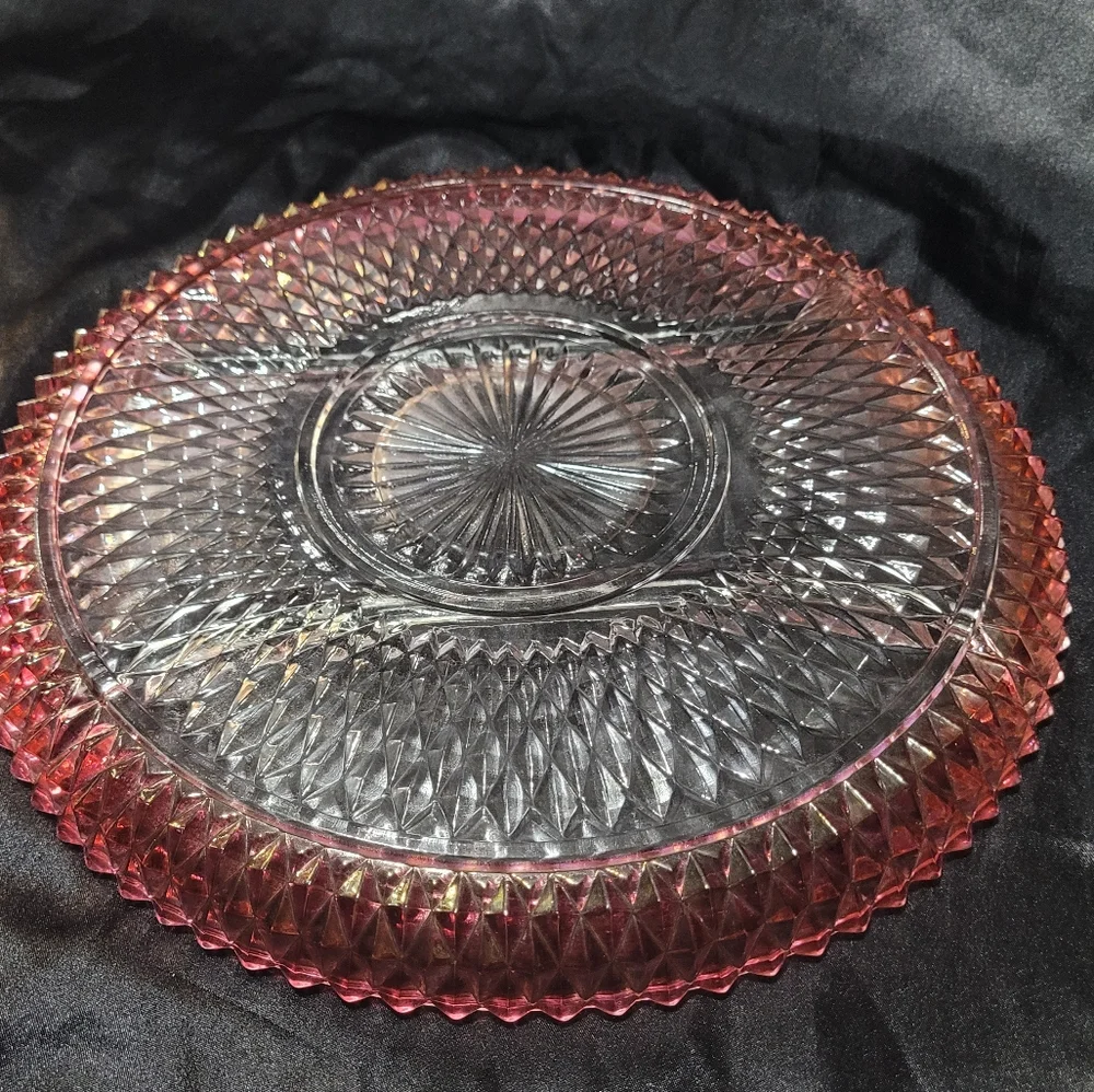 Vintage Indian Glass Diamond Point  Tray~Ruby Flash~3 Part~Relish~Serving Dish
